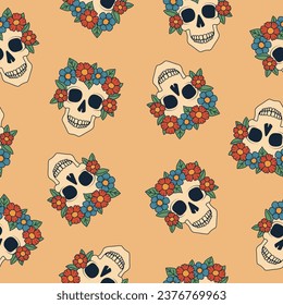 Skull with flowers seamless pattern. Day of the Dead Skull, Dia de los Muertos. Halloween elements on beige background. Vector illustration