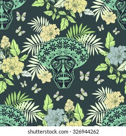 Skull and Flowers seamless pattern.  Day of the Dead.