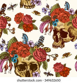 Skull and Flowers Seamless Pattern, Day of The Dead, Vintage Vector illustration, tattoo design