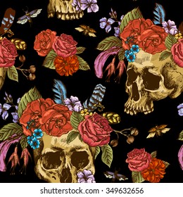Skull and Flowers Seamless Pattern, Day of The Dead, Vintage Vector illustration, tattoo design