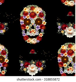 Skull and Flowers seamless pattern. Vector Illustration.