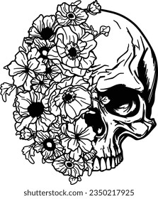 Skull flowers silhouette, Flower with skull, Skull t shirt design.