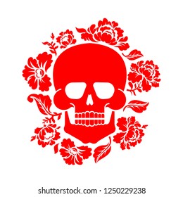 Skull and flowers. Skeleton head and roses. Death and love
