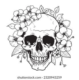 Skull in flowers sketch hand drawn engraving style illustration