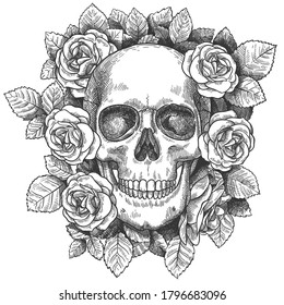 Calavera con flores. Esbozo cráneo humano con rosas, tatuaje gótico tradicional negro. Dibujo de arte vectorial con grabaciones de Halloween. Cabeza muerta y temible con dientes con flor y follaje