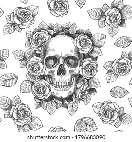 Calavera con flores. Esbozar cráneos con arte gótico de rosas, papel de pared de impresión gráfica repetida, textura textil patrón vectorial sin fisuras. Foliage y plantas con cara temible, cabeza muerta aterradora