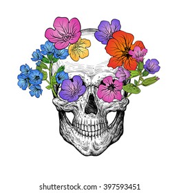 Skull Flowers Sketch Tattoo Design Hand Stock Vector (Royalty Free ...