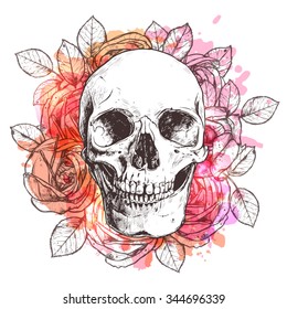 Skull And Flowers. Sketch With Watercolor Effect