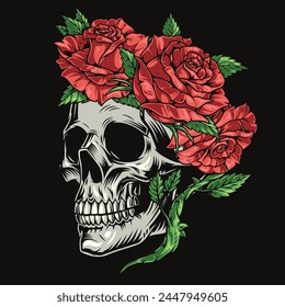 Skull with flowers sticker colorful roses instead of hat on head of dead man with scary smile vector illustration