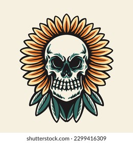 Skull and Flowers Tatto Retro Vector Illustration