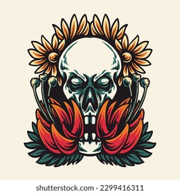 Skull and Flowers Tatto Retro Vector Illustration