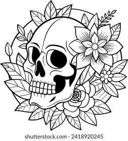 skull and flowers tattoo black and white