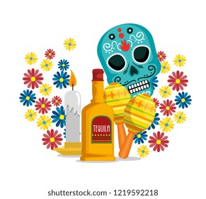 skull with flowers and tequila to celebrate event