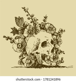 Skull with flowers, vector graphic illustration