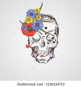 Skull with flowers. Vector hand drawn skull with wild flowers. Skull with flowers isolated on white background