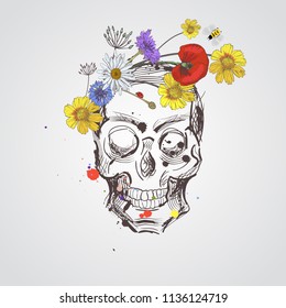 Skull with flowers. Vector hand drawn skull with wild flowers. Skull with flowers isolated on white background
