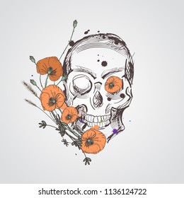 Skull with flowers. Vector hand drawn skull with wild flowers. Skull with flowers isolated on white background