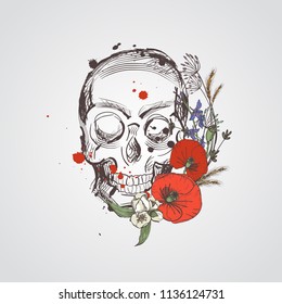 Skull with flowers. Vector hand drawn skull with wild flowers. Skull with flowers isolated on white background
