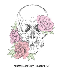 Skull and flowers. Vector illustration.