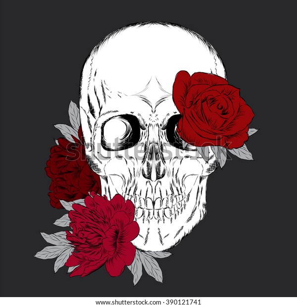Skull and flowers. Vector illustration.