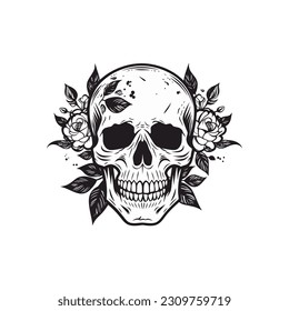 A skull and flowers vector illustration in black flat color, usable as icon or logo design