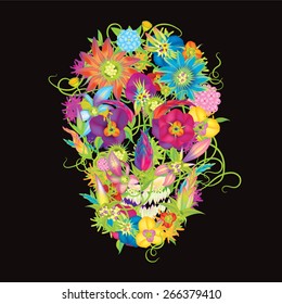 Skull and flowers vector illustration black background eps10