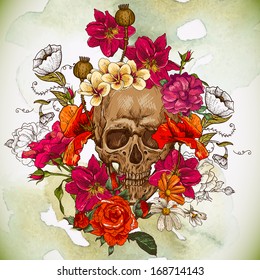 Skull and Flowers Vector Illustration Day of The Dead