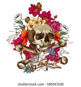 Skull and Flowers Vector Illustration Day of The Dead 