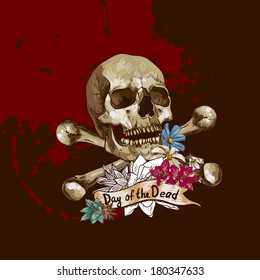 Skull and Flowers Vector Illustration Day of The Dead 