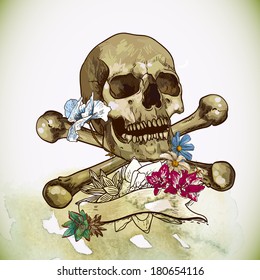 Skull and Flowers Vector Illustration Day of The Dead 
