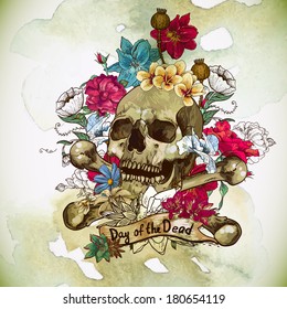 Skull and Flowers Vector Illustration Day of The Dead 