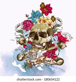 Skull and Flowers Vector Illustration Day of The Dead 