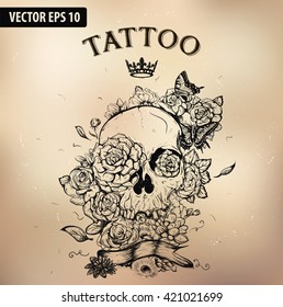 Skull and Flowers Vector Illustration Day of The Dead