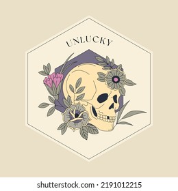 Skull with flowers vector illustration. Editable stroke. Macabre or postmortem aesthetic. Old school art decor. Sticker or tattoo design with phrase UNLUCKY.