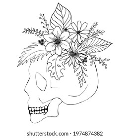 Skull with flowers. Vector illustration isolated on white background.