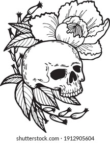 Skull with flowers vector illustration Outlines Sketch for tattoo Hand drawing