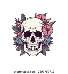 A skull and flowers vector illustration, usable as icon or logo design