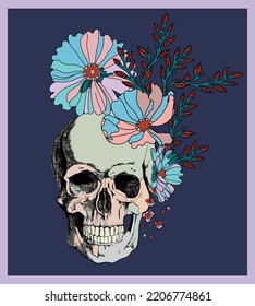 Skull with flowers vintage style illustration	