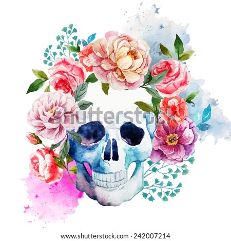 skull, flowers, watercolor