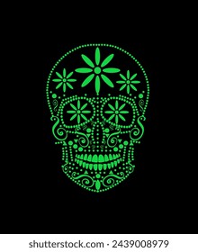 Skull with flowers,  weed leaf background vector illustration