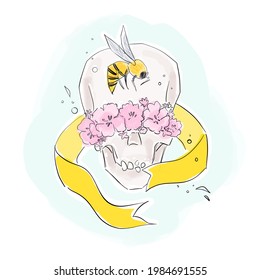Skull with flowers, yellow ribbon and bee vintage tattoo sketch. Beautiful fashion print for fabric design.