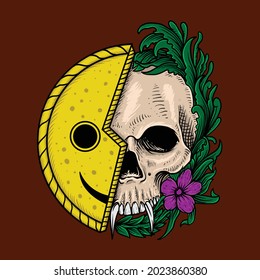 Skull with flowersand emoticon smile. Vector hand drawn skull with wild flowers. Skull with flowers isolated on red background