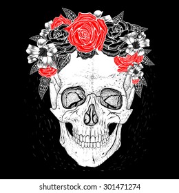 Skull with flowers,.Black background.