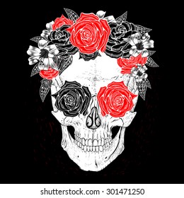 Skull with flowers,rose in eyes.Black background.