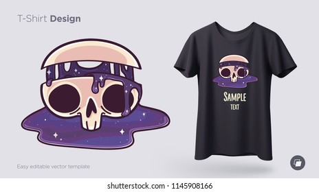 Skull with flowing cosmos t-shirt design. Print for clothes, posters or souvenirs. Vector illustration