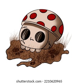 skull with fly agaric mushroom cap lies on the ground halloween