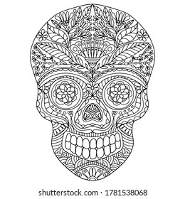 skull with folk style florals and ornaments drawn for coloring on a white background, vector, day of the dead