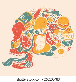 Skull food, fast food, retro style, calm colors