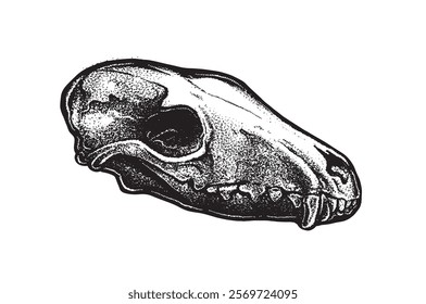 Skull of the fox, vintage engraved illustration. Detailed anatomy drawing of hounds face bone with teeth, fangs. Outlined sketch of dead canine animal. Drawn vector illustration isolated on white back