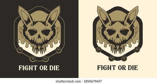 Skull Fox Wild Badge Fight or Die Monochrome Vintage Isolated Vector Illustration Apparel